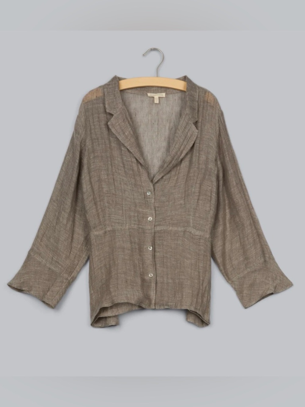 Eileen Fisher sheer linen gauze driftwood brown button jacket /top. Size Small